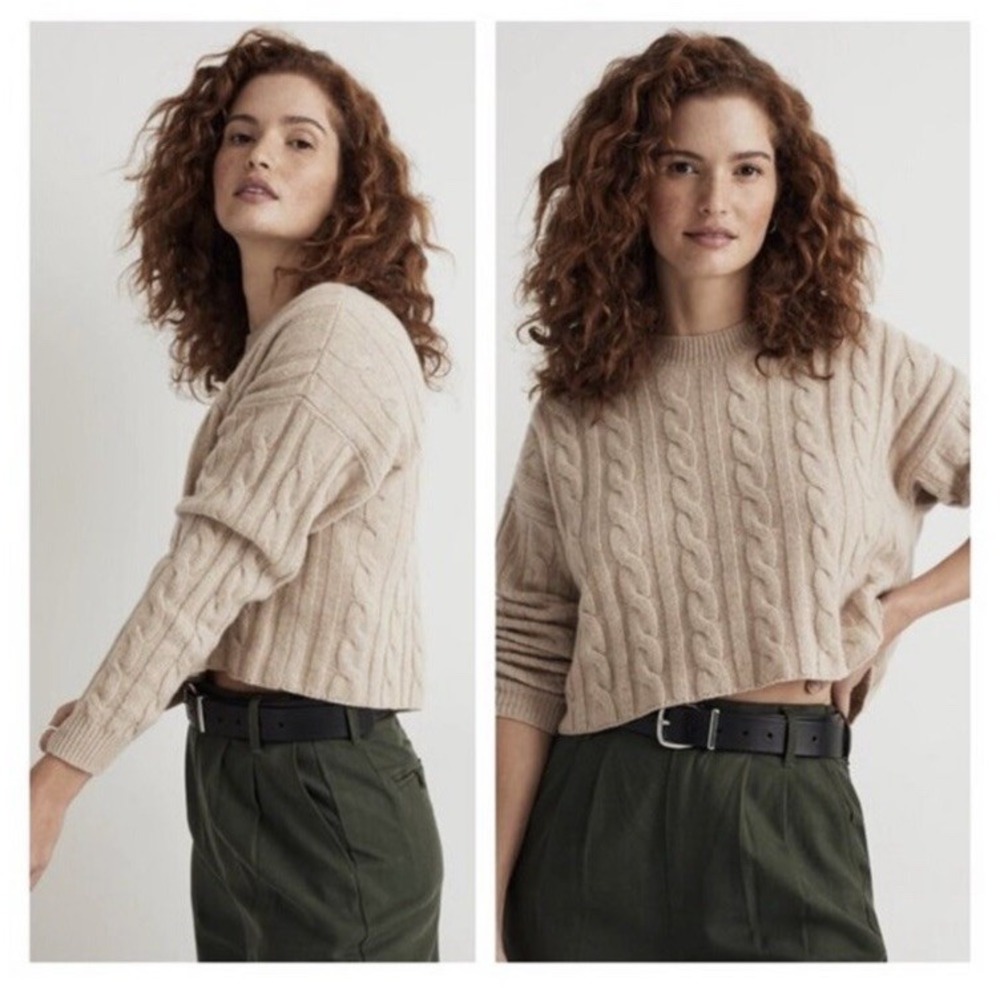 Madewell (Re)sourced Cashmere Cable-Knit Crop Crew Sweater L Heather Natural